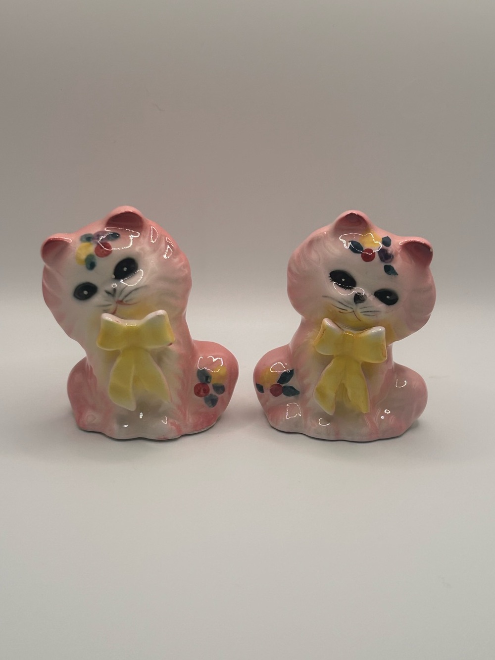 Vintage Japanese Ceramic Cat Salt & Pepper Shakers | Pink Kittens, Yellow Bows